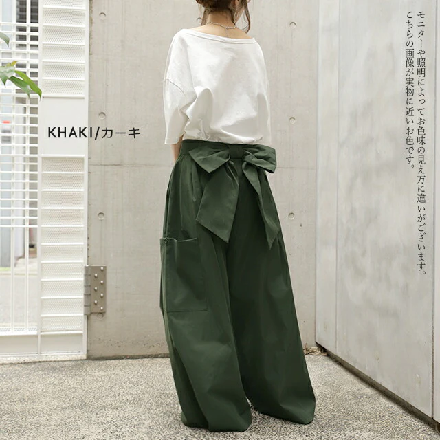 【夏セール】 ワイドパンツ レディース ワイド タックパンツ リボン バックリボン 無地 大きいサイズ 体型カバー ロング Aライン カーゴ カーゴパンツ チノ ベイカー ベイカーパンツ ワークパンツ ワーク バギーパンツ 太い ズボン カーキ 黒 春 夏 HUG.U - Image 10