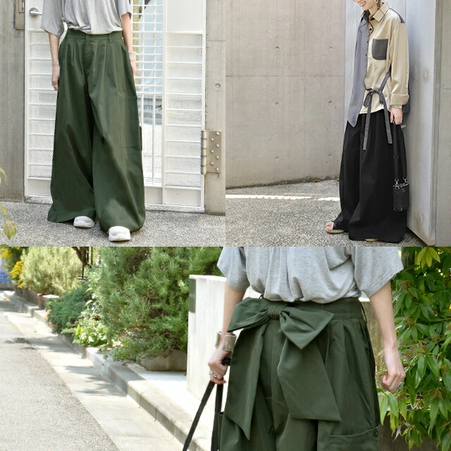 【夏セール】 ワイドパンツ レディース ワイド タックパンツ リボン バックリボン 無地 大きいサイズ 体型カバー ロング Aライン カーゴ カーゴパンツ チノ ベイカー ベイカーパンツ ワークパンツ ワーク バギーパンツ 太い ズボン カーキ 黒 春 夏 HUG.U - Image 11
