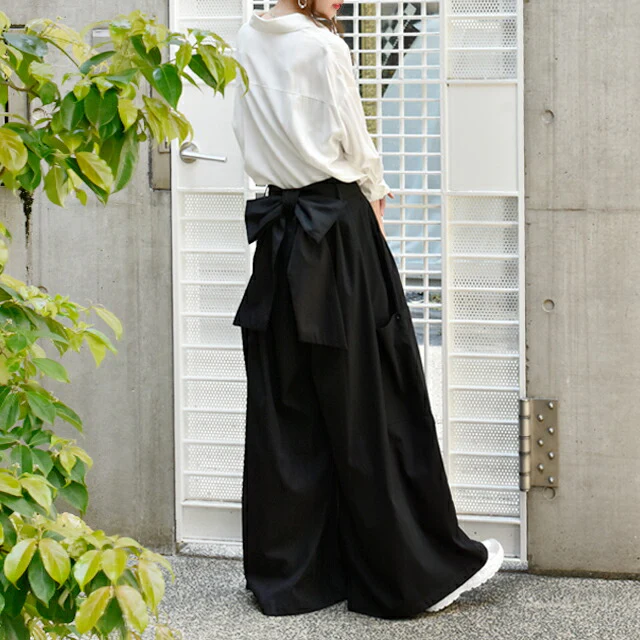【夏セール】 ワイドパンツ レディース ワイド タックパンツ リボン バックリボン 無地 大きいサイズ 体型カバー ロング Aライン カーゴ カーゴパンツ チノ ベイカー ベイカーパンツ ワークパンツ ワーク バギーパンツ 太い ズボン カーキ 黒 春 夏 HUG.U - Image 13