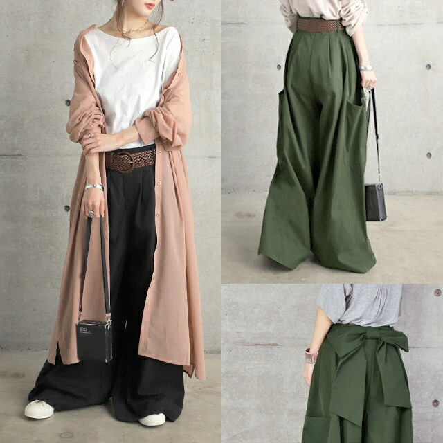 【夏セール】 ワイドパンツ レディース ワイド タックパンツ リボン バックリボン 無地 大きいサイズ 体型カバー ロング Aライン カーゴ カーゴパンツ チノ ベイカー ベイカーパンツ ワークパンツ ワーク バギーパンツ 太い ズボン カーキ 黒 春 夏 HUG.U - Image 14