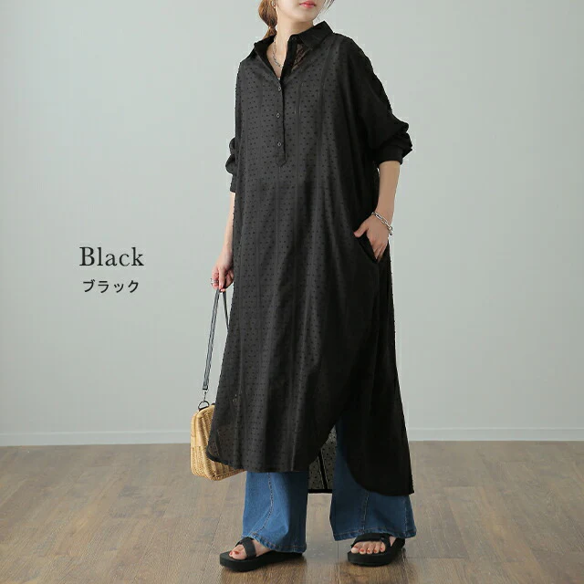 シャツワンピース ワンピース レディース ワンピース シアーシャツ シャツ シアー ロングシャツ 綿 ロングシャツワンピース ワンピ 無地 刺繍 長袖 体型カバー 大きいサイズ ロングワンピース マキシワンピース マキシ 春 夏 HUG.U メール便 - Image 5