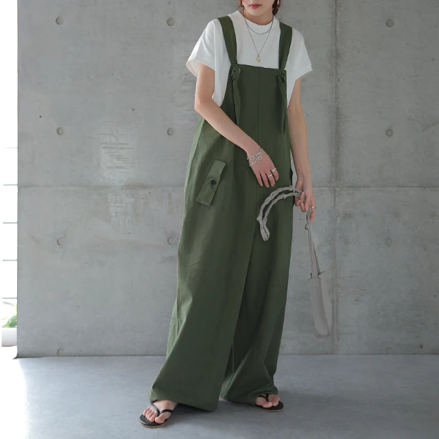 オールインワン レディース サロペット サロペ コットン100 綿 大きいサイズ サロペ つなぎ ワイドパンツ ワイド オーバーオール パンツ ボトムス ロング 体型カバー ビッグシルエット ゆったり 無地 シンプル カーキ グレー 黒 春 夏 HUG.U - Image 7