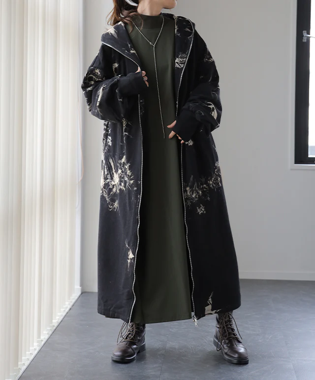 パーカー レディース ロングパーカー ワンピース ロングワンピース タイダイ柄 絞り染め ロング丈 指穴 アウター ボリュームネック ブルゾン スタンドカラー レディース ジップアップ フード コート フードコート スウェット アウター リブ 春 夏 HUG.U - Image 5
