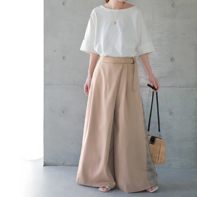 【最終SALE!】アウトレット ワイドパンツ レディース ワイド ボトムス パンツ グレンチェック チェック フレア きれいめ タックパンツ ベルト 花柄 無地 シンプル 切り替え アシンメトリー ガウチョ ロング バギー ベージュ 黒 ズボン 大きいサイズ 春 夏 HUG.U - Image 27