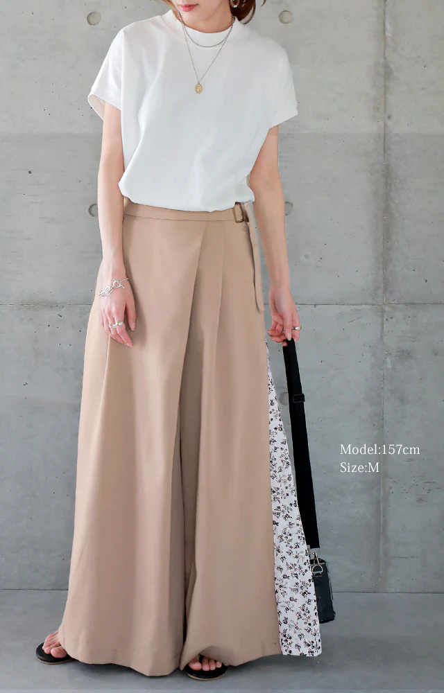 【最終SALE!】アウトレット ワイドパンツ レディース ワイド ボトムス パンツ グレンチェック チェック フレア きれいめ タックパンツ ベルト 花柄 無地 シンプル 切り替え アシンメトリー ガウチョ ロング バギー ベージュ 黒 ズボン 大きいサイズ 春 夏 HUG.U - Image 3