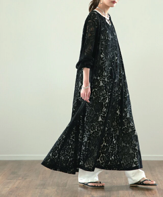 ロングワンピース ワンピース レディース レイヤード ロング ロングワンピ 重ね着 総レース マキシワンピース マキシワンピ 大きいサイズ 花柄 Aラインワンピース 重ね着 シースルー シアー 透け シアーワンピース タッセル ネイビー 黒 春 夏 - Image 14