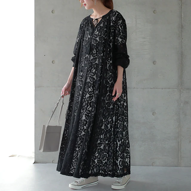 ロングワンピース ワンピース レディース レイヤード ロング ロングワンピ 重ね着 総レース マキシワンピース マキシワンピ 大きいサイズ 花柄 Aラインワンピース 重ね着 シースルー シアー 透け シアーワンピース タッセル ネイビー 黒 春 夏 - Image 20