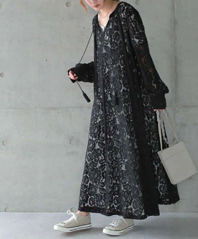 ロングワンピース ワンピース レディース レイヤード ロング ロングワンピ 重ね着 総レース マキシワンピース マキシワンピ 大きいサイズ 花柄 Aラインワンピース 重ね着 シースルー シアー 透け シアーワンピース タッセル ネイビー 黒 春 夏 - Image 24