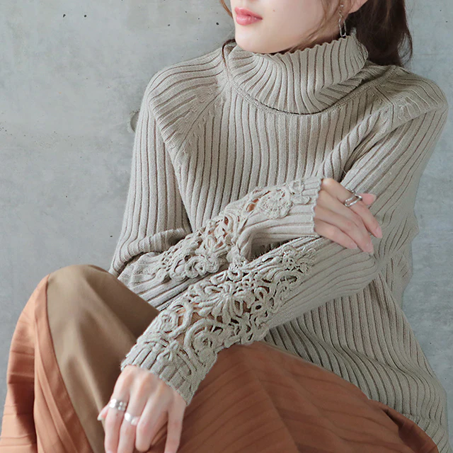 ニット 「手元、美しく隠す。」 袖レース トップス レディース タートルネック リブ リブニット セーター ハイネック タートル 無地 ボトルネック ハイネックニット きれいめ お尻が隠れる 長袖 透け チュニック 大きいサイズ 黒 グレー 春 夏 HUG.U - Image 27