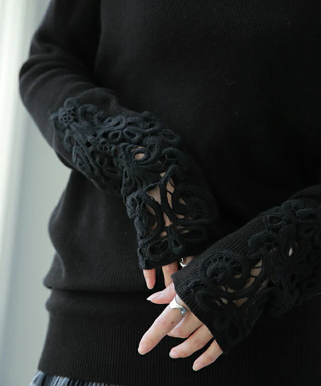 ニット 「華やかさ、プラス」 袖レース レディース トップス レース セーター プルオーバー チュニック Vネック ハイゲージ 無地 きれいめ お尻が隠れる 長袖 透け 花柄 ストレッチ 薄手 ゆる 長め リブ 大きいサイズ ブラック 黒 春 夏 HUG.U - Image 14