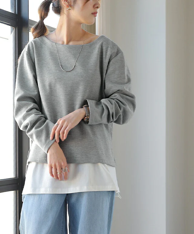トップス レディース ボートネック ロンT Tシャツ カットソー 長袖 無地 シンプル 大きいサイズ スウェット トレーナー きれいめ ミディアム ゆる ゆったり レイヤード ベーシック 黒 白 グレー ベージュ 春 夏 . メール便 - Image 3