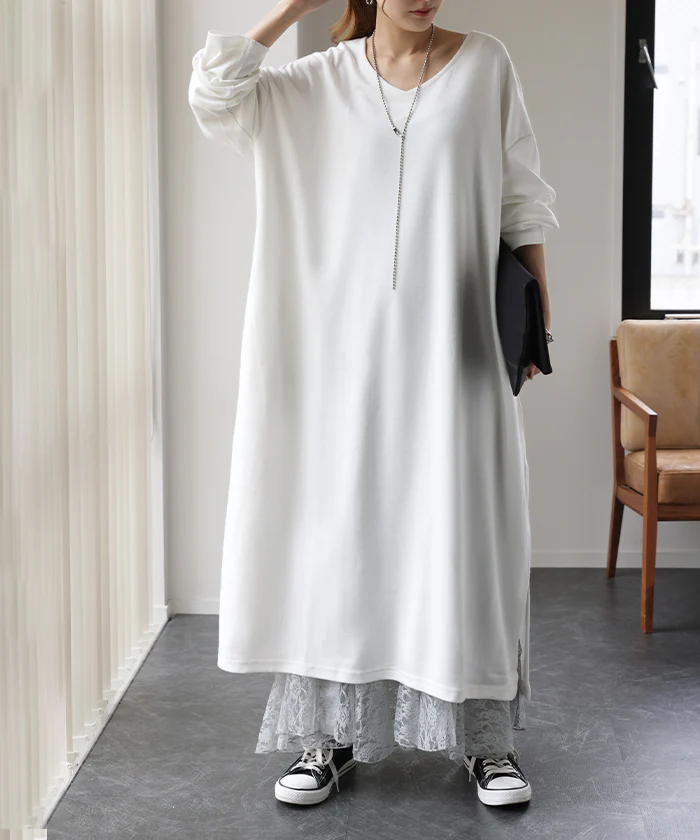 ロングワンピース レディース ロング ワンピ ワンピース ロングワンピ マキシ マキシワンピース スリット Vネック 長袖 無地 ドロップショルダー Aライン 体型カバー レイヤード 大きいサイズ 黒 白 グレー ベージュ カーキ 春 夏 HUG.U - Image 31