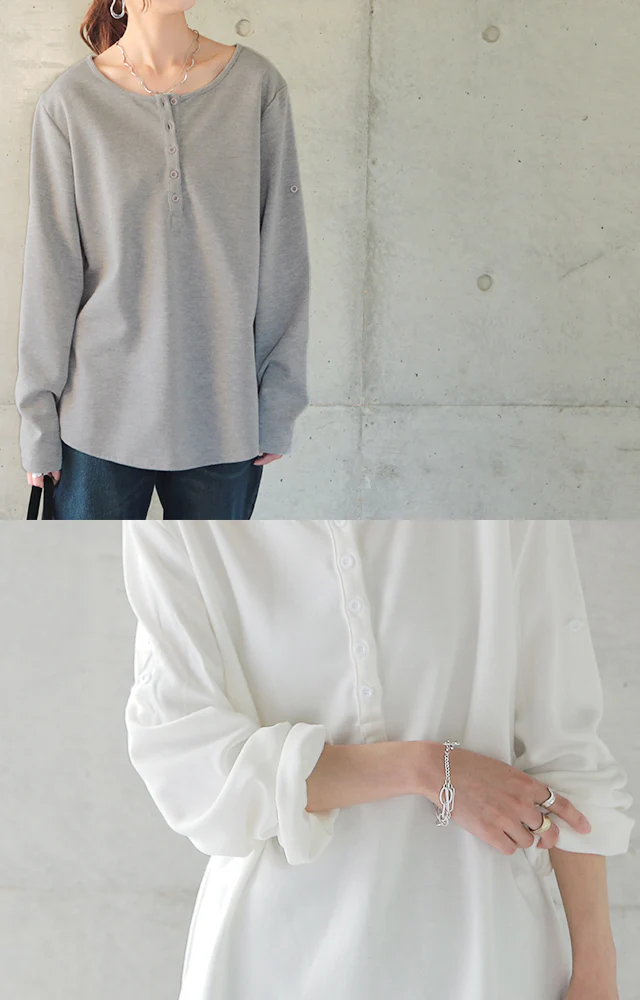 ヘンリーネック 長袖 Tシャツ レディース ロンT ロングTシャツ カットソー トップス ボタン シンプル 無地 五分袖 七分袖 ロールアップ Uネック Vネック スウェット ミディアム ゆる トレーナー 大きいサイズ 黒 白 グレー 春 夏 メール便 - Image 13
