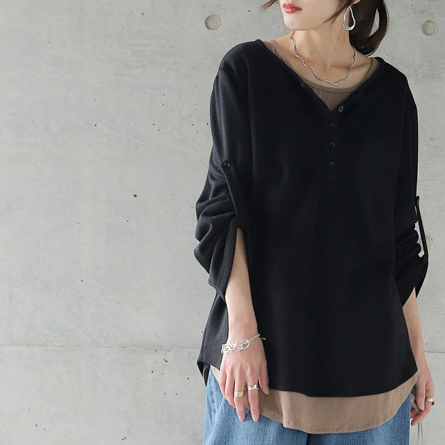 ヘンリーネック 長袖 Tシャツ レディース ロンT ロングTシャツ カットソー トップス ボタン シンプル 無地 五分袖 七分袖 ロールアップ Uネック Vネック スウェット ミディアム ゆる トレーナー 大きいサイズ 黒 白 グレー 春 夏 メール便 - Image 35