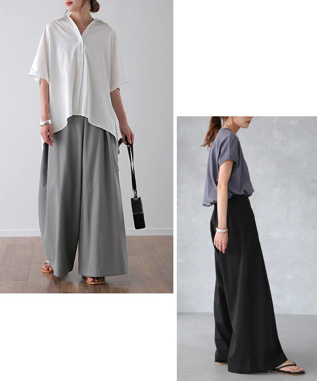 ワイドパンツ レディース ワイド ボトムス パンツ フレア きれいめ タックパンツ ベルト 無地 シンプル 切り替え アシンメトリー きれいめ ガウチョ ロング バギー ベージュ 黒 カーキ ピスタチオ ズボン 大きいサイズ 春 夏 HUG.U - Image 16