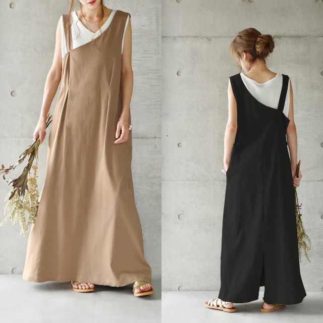 【夏セール】 ワンピース レディース サロペット スカート ロングワンピース ロング マキシワンピース マキシ ジャンスカ 体型カバー シンプル 無地 ワンショルダー ワンショル 大きいサイズ フリーサイズ ベージュ 黒 春 夏 HUG.U - Image 15
