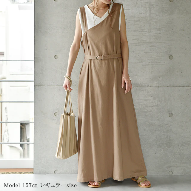 【夏セール】 ワンピース レディース サロペット スカート ロングワンピース ロング マキシワンピース マキシ ジャンスカ 体型カバー シンプル 無地 ワンショルダー ワンショル 大きいサイズ フリーサイズ ベージュ 黒 春 夏 HUG.U - Image 18