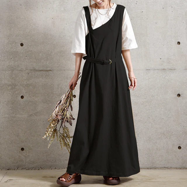 【夏セール】 ワンピース レディース サロペット スカート ロングワンピース ロング マキシワンピース マキシ ジャンスカ 体型カバー シンプル 無地 ワンショルダー ワンショル 大きいサイズ フリーサイズ ベージュ 黒 春 夏 HUG.U - Image 22