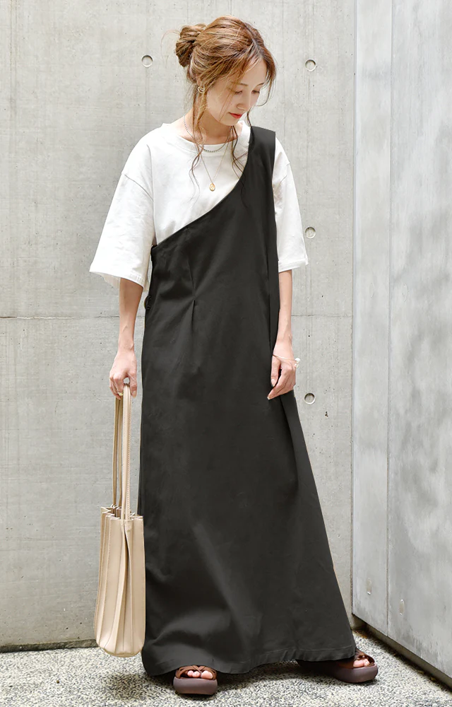 【夏セール】 ワンピース レディース サロペット スカート ロングワンピース ロング マキシワンピース マキシ ジャンスカ 体型カバー シンプル 無地 ワンショルダー ワンショル 大きいサイズ フリーサイズ ベージュ 黒 春 夏 HUG.U - Image 6