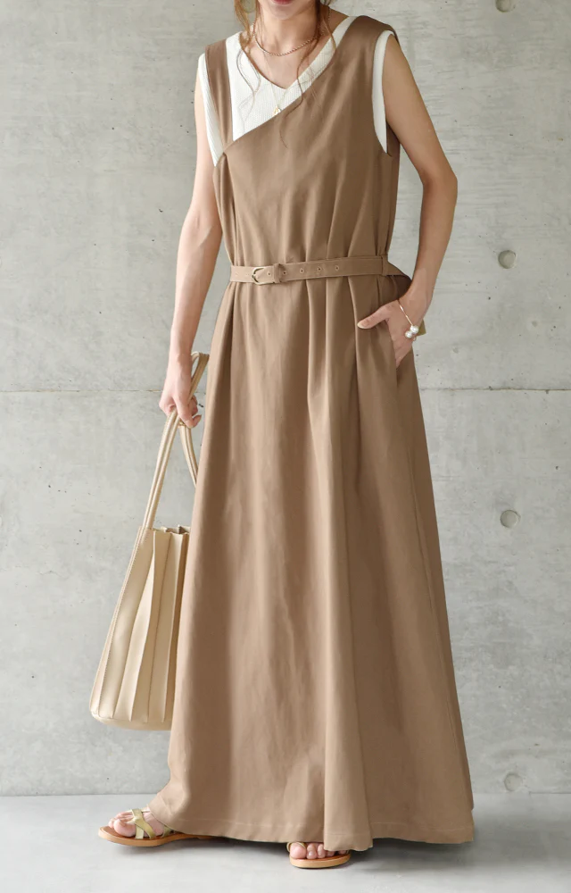 【夏セール】 ワンピース レディース サロペット スカート ロングワンピース ロング マキシワンピース マキシ ジャンスカ 体型カバー シンプル 無地 ワンショルダー ワンショル 大きいサイズ フリーサイズ ベージュ 黒 春 夏 HUG.U - Image 7