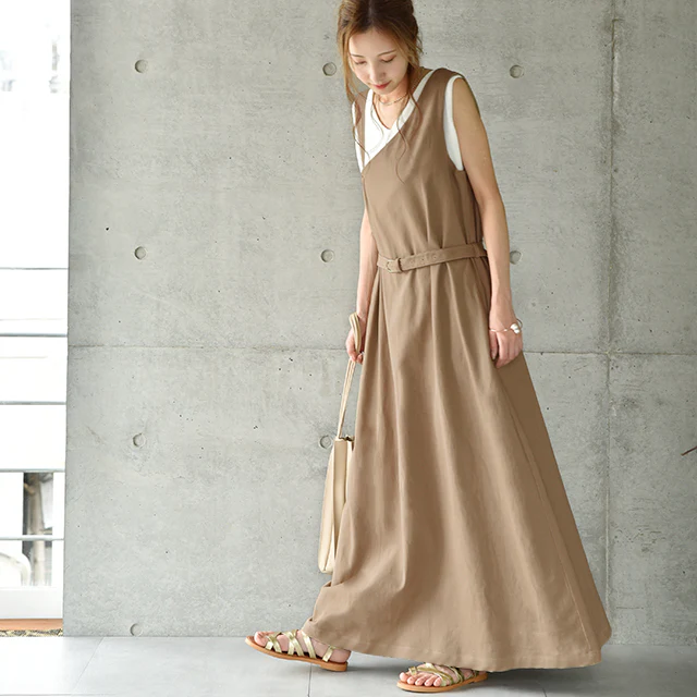 【夏セール】 ワンピース レディース サロペット スカート ロングワンピース ロング マキシワンピース マキシ ジャンスカ 体型カバー シンプル 無地 ワンショルダー ワンショル 大きいサイズ フリーサイズ ベージュ 黒 春 夏 HUG.U - Image 9