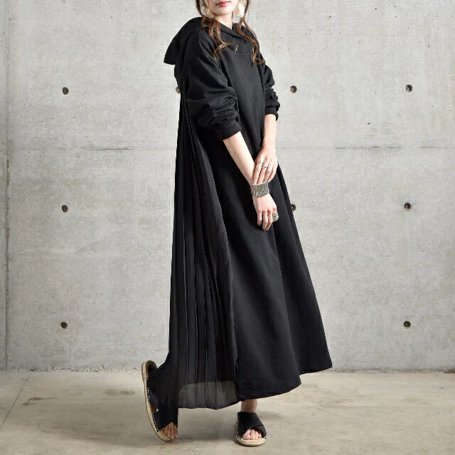 ワンピース ロングワンピース プリーツ バックプリーツ パーカーワンピース レディース ロングワンピ ワンピ マキシ 長袖 体型カバー ロング 無地 指穴 トレーナー スウェット プルオーバー パーカーワンピ スリット 大きいサイズ 春 夏 - Image 18