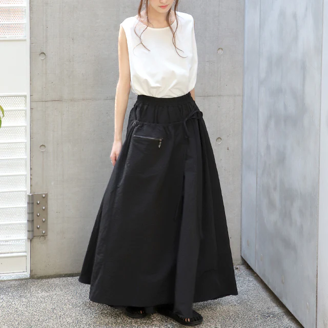 スカート ロングスカート ロング ラップスカート 巻きスカート マキシスカート マキシ アシメ ウエストゴム ゴム フレア フレアスカート Aラインスカート ワークスカート ワーク 無地 大きいサイズ 体型カバー 黒 春 夏 HUG.U - Image 26