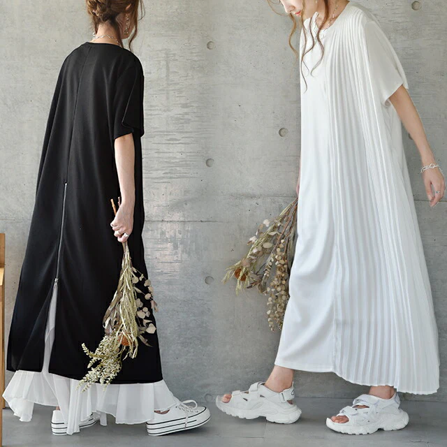 ワンピース ロングワンピース ロング マキシワンピース プリーツ Tシャツワンピース レディース ロングワンピ ワンピ スリットワンピース シフォン 半袖 体型カバー ロング Iライン スリット ジップ 大きいサイズ 無地 グレー 白 春 夏 HUG.U - Image 13