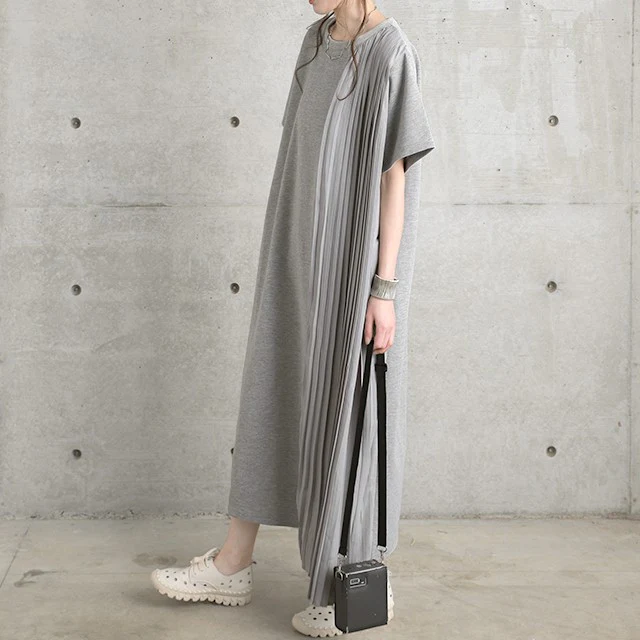 ワンピース ロングワンピース ロング マキシワンピース プリーツ Tシャツワンピース レディース ロングワンピ ワンピ スリットワンピース シフォン 半袖 体型カバー ロング Iライン スリット ジップ 大きいサイズ 無地 グレー 白 春 夏 HUG.U - Image 21