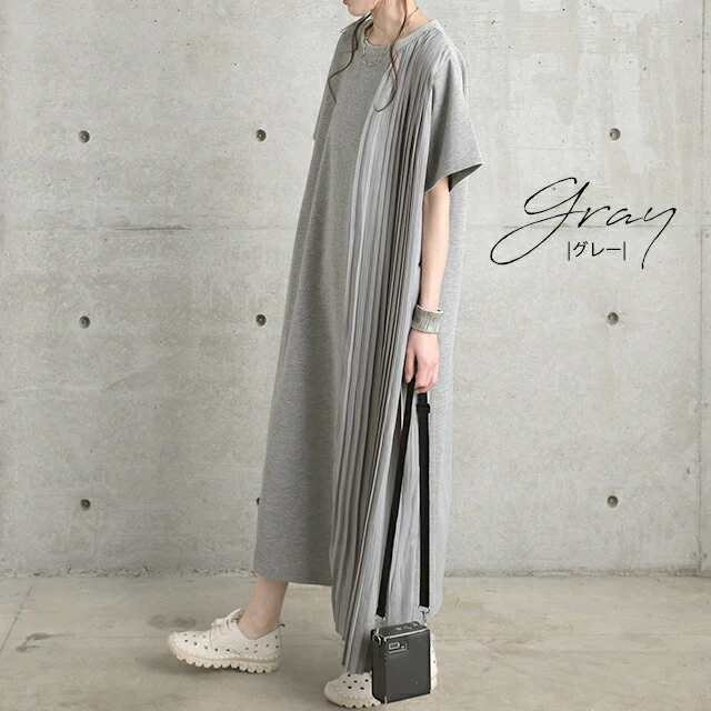 ワンピース ロングワンピース ロング マキシワンピース プリーツ Tシャツワンピース レディース ロングワンピ ワンピ スリットワンピース シフォン 半袖 体型カバー ロング Iライン スリット ジップ 大きいサイズ 無地 グレー 白 春 夏 HUG.U - Image 3