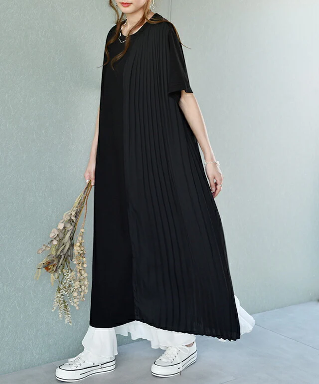 ワンピース ロングワンピース ロング マキシワンピース プリーツ Tシャツワンピース レディース ロングワンピ ワンピ スリットワンピース シフォン 半袖 体型カバー ロング Iライン スリット ジップ 大きいサイズ 無地 グレー 白 春 夏 HUG.U - Image 9