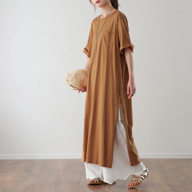 ワンピース ロングワンピース スリット ロング ロングワンピ マキシワンピース ■一部7月上旬入荷 マキシ レディース カットソー Tシャツワンピース Tシャツワンピ ロング丈 半袖 ワンピ 大きいサイズ 無地 黒 白 ベージュ カーキ 春 夏 HUG.U メール便 - Image 42