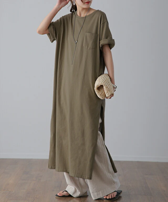 ワンピース ロングワンピース スリット ロング ロングワンピ マキシワンピース ■一部7月上旬入荷 マキシ レディース カットソー Tシャツワンピース Tシャツワンピ ロング丈 半袖 ワンピ 大きいサイズ 無地 黒 白 ベージュ カーキ 春 夏 HUG.U メール便 - Image 5