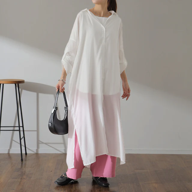 シャツワンピース ロングワンピース シャツ バックスリット ロング ロングシャツ ワンピース チュニックトップス スリットワンピース 長袖 ロールアップ ビッグサイズ 抜き襟 大きいサイズ 体型カバー マキシ レディース 春 夏 HUG.U メール便 - Image 20