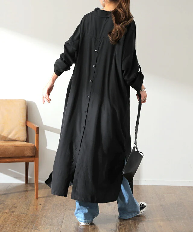 シャツワンピース ロングワンピース シャツ バックスリット ロング ロングシャツ ワンピース チュニックトップス スリットワンピース 長袖 ロールアップ ビッグサイズ 抜き襟 大きいサイズ 体型カバー マキシ レディース 春 夏 HUG.U メール便 - Image 23