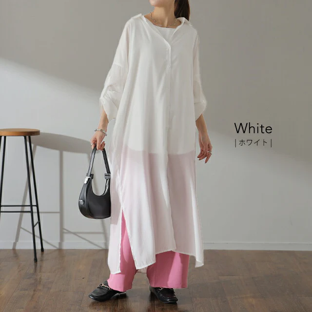 シャツワンピース ロングワンピース シャツ バックスリット ロング ロングシャツ ワンピース チュニックトップス スリットワンピース 長袖 ロールアップ ビッグサイズ 抜き襟 大きいサイズ 体型カバー マキシ レディース 春 夏 HUG.U メール便 - Image 4