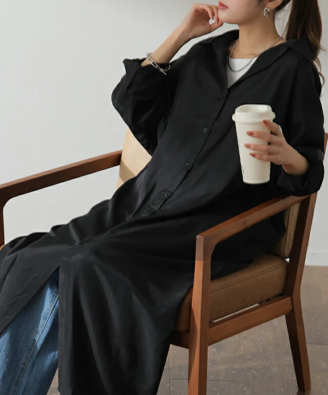 シャツワンピース ロングワンピース シャツ バックスリット ロング ロングシャツ ワンピース チュニックトップス スリットワンピース 長袖 ロールアップ ビッグサイズ 抜き襟 大きいサイズ 体型カバー マキシ レディース 春 夏 HUG.U メール便 - Image 7