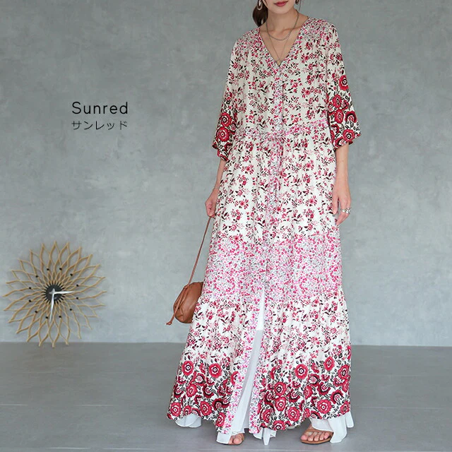 ロングワンピース 2way カーディガン シャツワンピース シャツ ロング ロングシャツ ワンピース 小花柄 ロングワンピ 半袖 旅行 リゾート 体型カバー ホワイト マキシ マキシワンピース レディース 羽織り ワンピ レッド 春 夏 HUG.U メール便 - Image 12