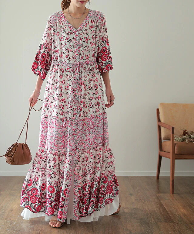 ロングワンピース 2way カーディガン シャツワンピース シャツ ロング ロングシャツ ワンピース 小花柄 ロングワンピ 半袖 旅行 リゾート 体型カバー ホワイト マキシ マキシワンピース レディース 羽織り ワンピ レッド 春 夏 HUG.U メール便 - Image 20