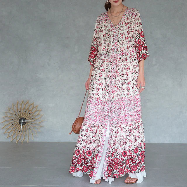 ロングワンピース 2way カーディガン シャツワンピース シャツ ロング ロングシャツ ワンピース 小花柄 ロングワンピ 半袖 旅行 リゾート 体型カバー ホワイト マキシ マキシワンピース レディース 羽織り ワンピ レッド 春 夏 HUG.U メール便 - Image 27