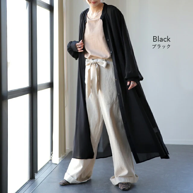 シアーシャツ ロングシャツ シャツ ロング ワンピース シフォンワンピース シフォンワンピ シフォン マキシ ノーカラー 長袖 羽織 レディース シアー バンドカラー 透け きれいめ 黒 白 ピンク 春 夏 HUG.U メール便 - Image 10