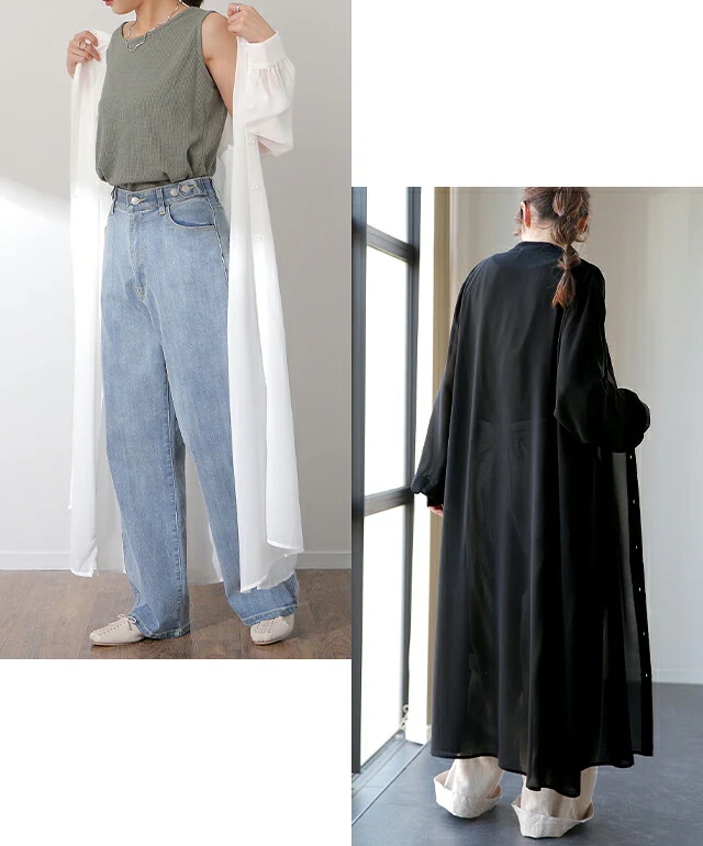 シアーシャツ ロングシャツ シャツ ロング ワンピース シフォンワンピース シフォンワンピ シフォン マキシ ノーカラー 長袖 羽織 レディース シアー バンドカラー 透け きれいめ 黒 白 ピンク 春 夏 HUG.U メール便 - Image 16