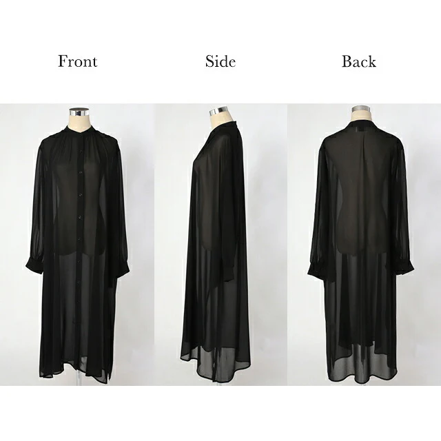 シアーシャツ ロングシャツ シャツ ロング ワンピース シフォンワンピース シフォンワンピ シフォン マキシ ノーカラー 長袖 羽織 レディース シアー バンドカラー 透け きれいめ 黒 白 ピンク 春 夏 HUG.U メール便 - Image 20