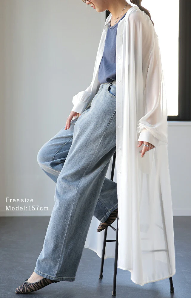 シアーシャツ ロングシャツ シャツ ロング ワンピース シフォンワンピース シフォンワンピ シフォン マキシ ノーカラー 長袖 羽織 レディース シアー バンドカラー 透け きれいめ 黒 白 ピンク 春 夏 HUG.U メール便 - Image 22