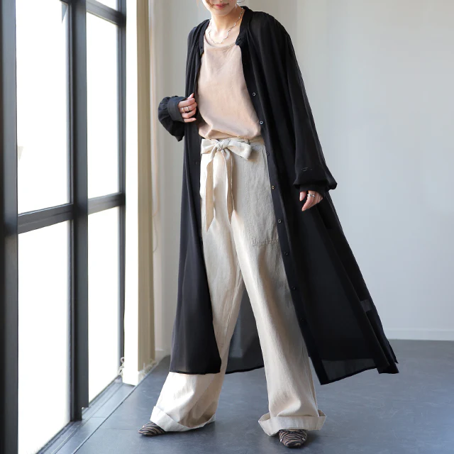 シアーシャツ ロングシャツ シャツ ロング ワンピース シフォンワンピース シフォンワンピ シフォン マキシ ノーカラー 長袖 羽織 レディース シアー バンドカラー 透け きれいめ 黒 白 ピンク 春 夏 HUG.U メール便 - Image 26