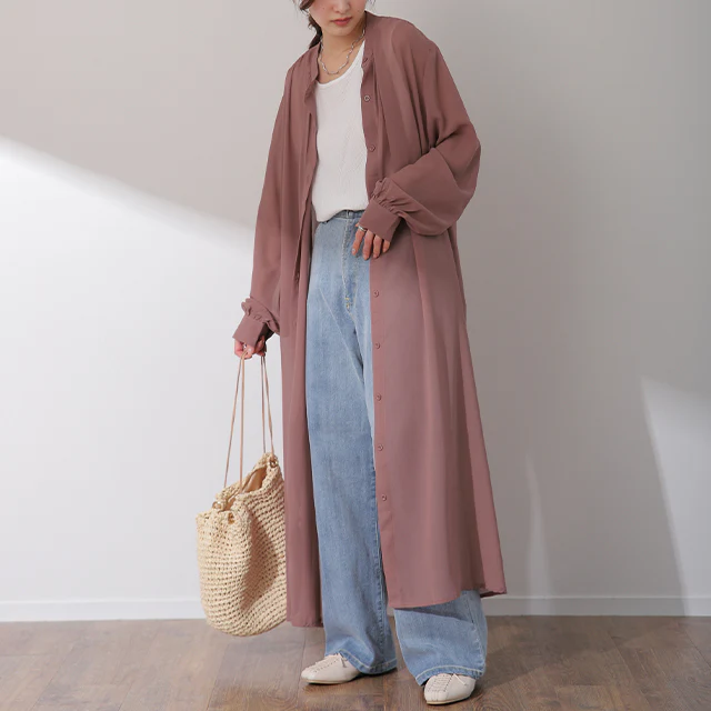 シアーシャツ ロングシャツ シャツ ロング ワンピース シフォンワンピース シフォンワンピ シフォン マキシ ノーカラー 長袖 羽織 レディース シアー バンドカラー 透け きれいめ 黒 白 ピンク 春 夏 HUG.U メール便 - Image 27