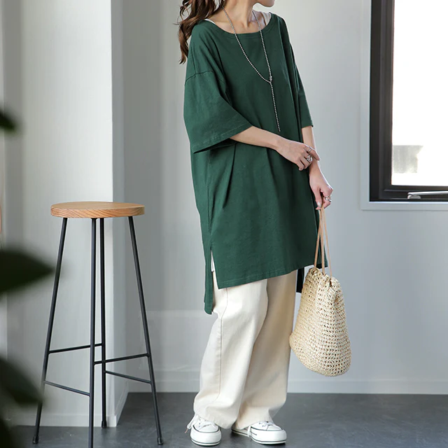 【メガT】 大きい Tシャツ レディース ■一部7月中旬入荷 カットソー チュニック 半袖 ビッグシルエット ビッグ ゆる ドロップショルダー 大きいサイズ Uネック 無地 ボックスT 白T ティーシャツ ロング スリット お尻が隠れる 二の腕カバー 黒 春 夏 HUG.U メール便 - Image 37