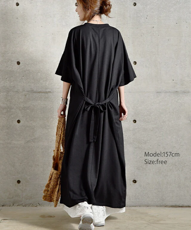 【夏セール】 ワンピース マキシワンピース レディース ワンピ ロングワンピース ロングワンピ ロング マキシワンピース マキシ 5分袖 半袖 リボン バックリボン フレア Aライン ドルマン レイヤード 体型カバー 黒 白 グレー 大きいサイズ 春 夏 HUG.U - Image 7