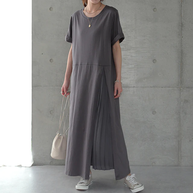 ワンピース プリーツ ロングワンピース ロング マキシワンピース Tシャツワンピース レディース ロングワンピ プリーツワンピース ワンピ シフォン マキシワンピ 半袖 体型カバー 無地 シンプル 大きいサイズ 黒 白 春 夏 HUG.U . メール便 - Image 28