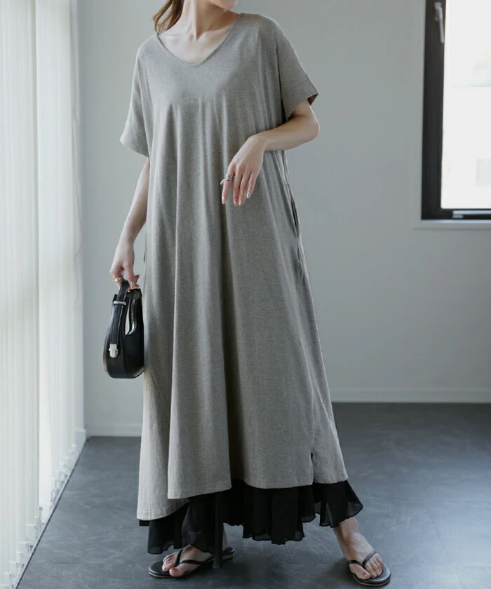 【夏セール】 ワンピース レディース ロングワンピース ロング ワンピ ロングワンピ マキシワンピース Tシャツワンピース マキシワンピ マキシ 半袖 五分袖 Aライン フレア ドルマン きれいめ 無地 体型カバー 大きいサイズ 春 夏 HUG.U - Image 5
